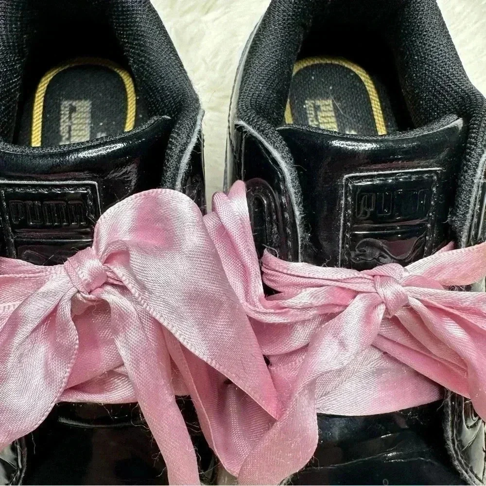 Puma Basket Heart Patent Black Sneakers  Pink Laces Size 8 - Picture 2 of 16
